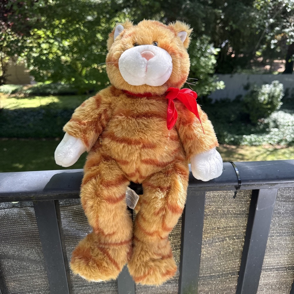Build A Bear Retired Cat Plush Orange Striped Tabby Kitty 18" Brown Eyes Red Bow - Picture 2 of 7